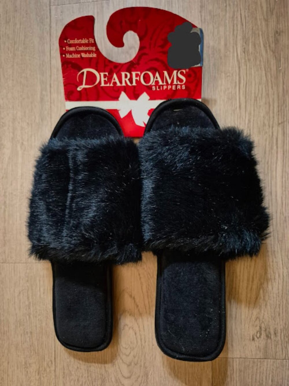 Dearfoams Women's Black Plush Faux Fur Slide Slippers US Size 9-10 NWT